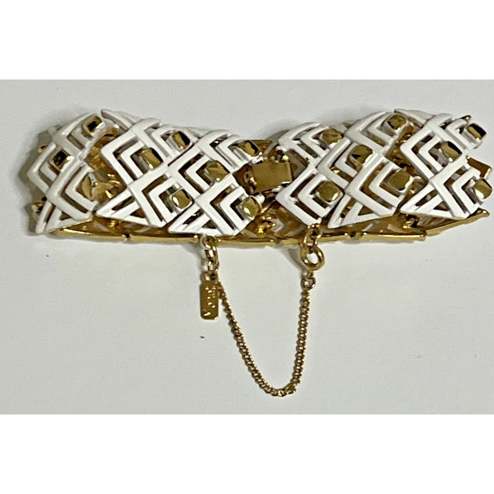 Monet Bracelet Chevron Link Gold Tone White Enamel Signed 7.5" Safety Clasp